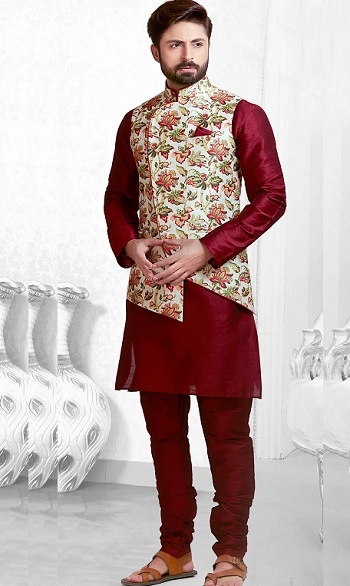 maroon kurta pajama with jacket