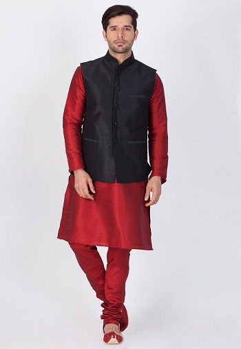red kurta pajama with black jacket