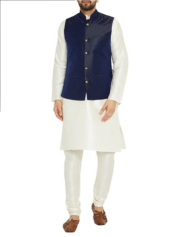 white kurta pajama with black jacket