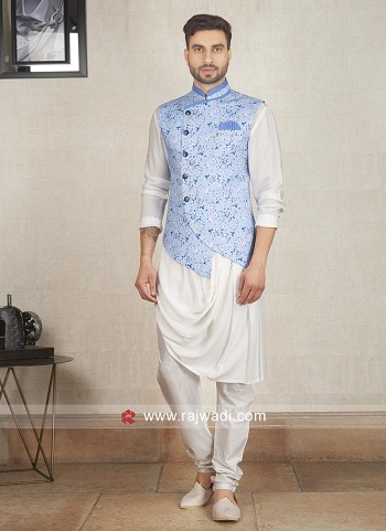 white kurta pajama with blue jacket