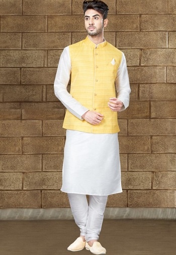 white kurta pajama with yellow jacket