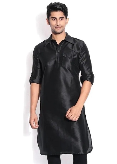 Art Silk Long Black Kurta For Men