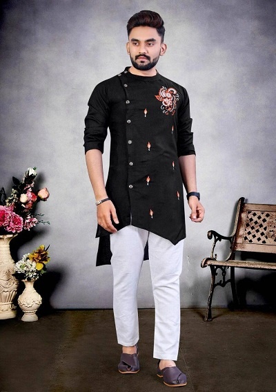 Asymmetric Black Embroidered Kurta