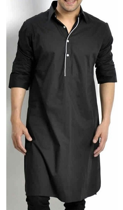 Black Kurta with White Button Placket