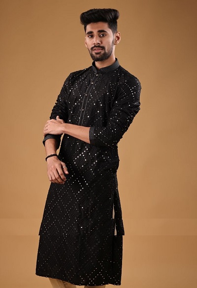 Embroidered Mirror Work Black Kurta