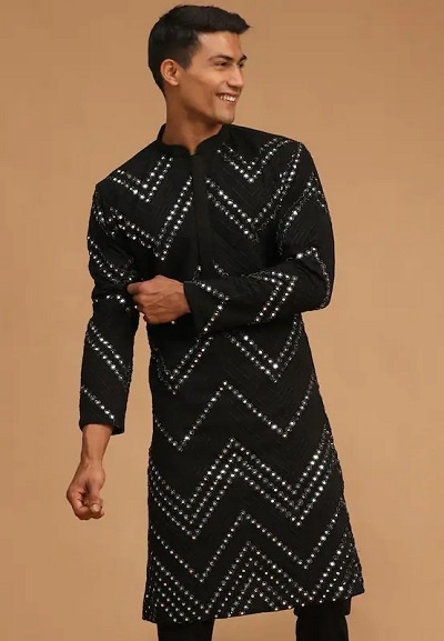 Mirror Embellished Black Kurta For Men