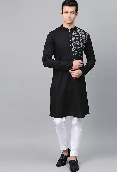 One Shoulder Embroidered Black Kurta